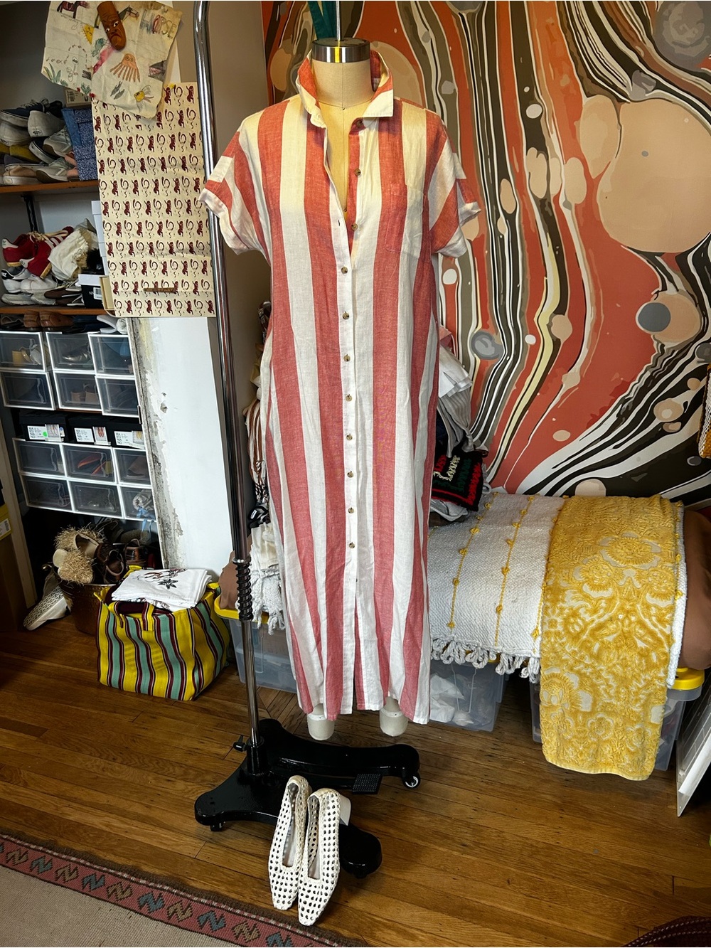 Marine Layer Striped Button-Front Maxi Shirt Dress - Red/White One of a Kind